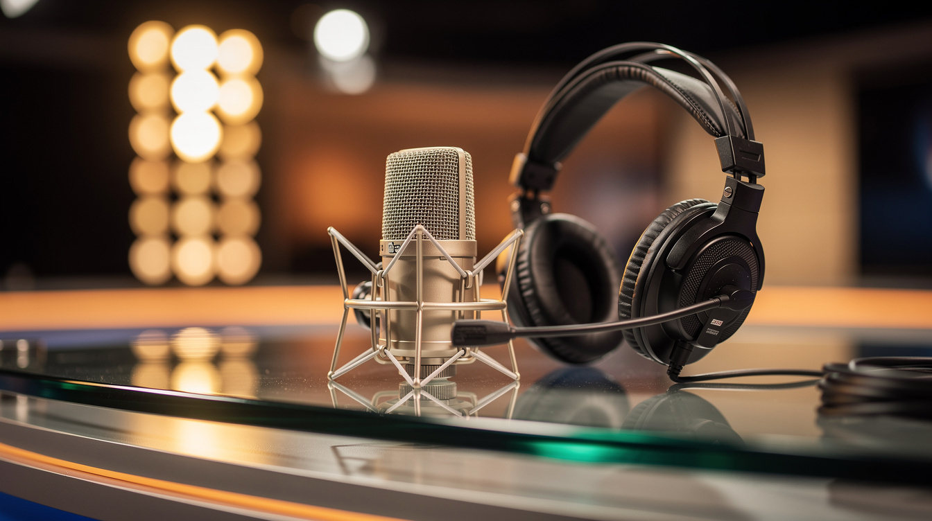 Microphone and headset on a news desk in a TV studio