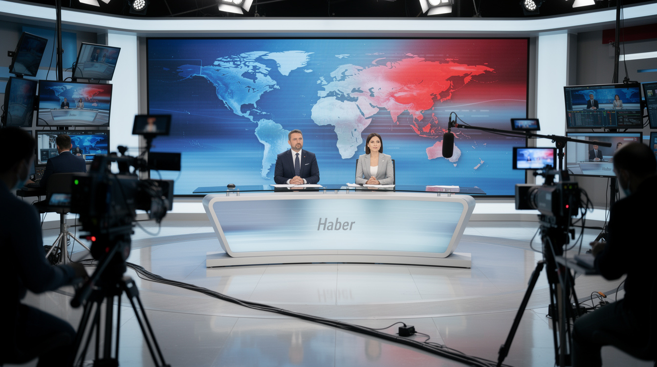 Live TV broadcast control room with anchors