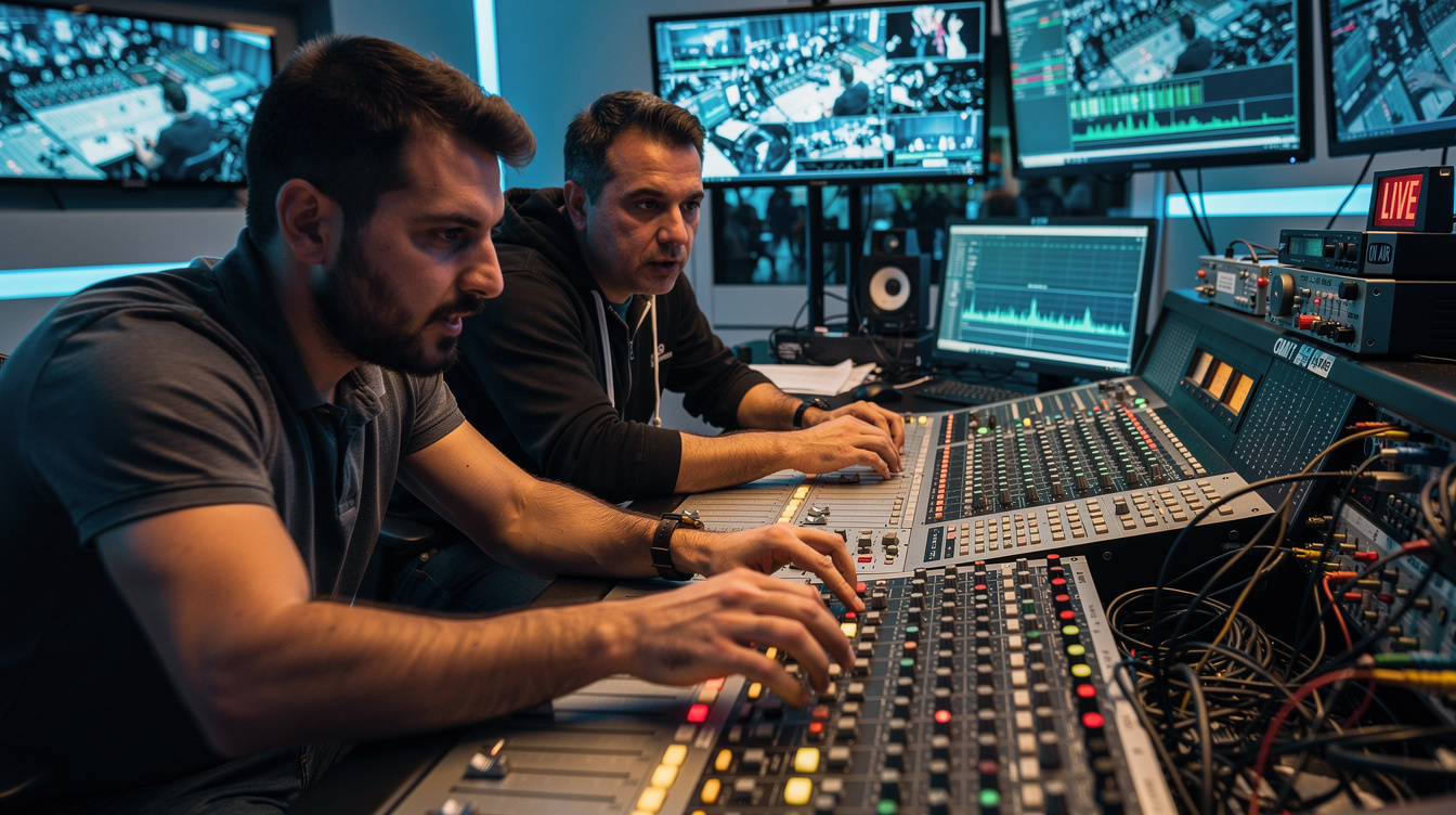 Technical crew fixing equipment during a live broadcast