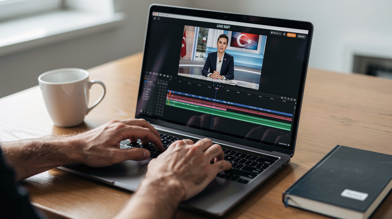 Media professional editing broadcast footage on a laptop